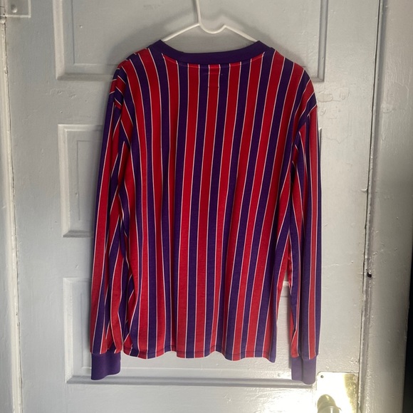 Retro Guess Triangle Logo Bold Red + Purple Striped Long Sleeve TShirt Mens S - Picture 2 of 4